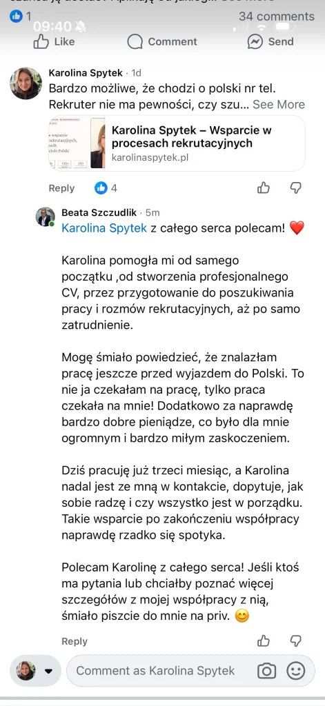 Opinia klientki karoliny spytek rekruterka
